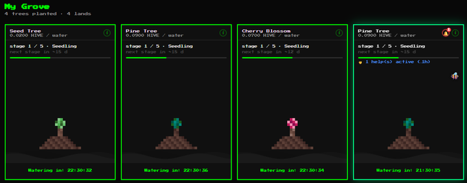 A pixel-art 'My Grove' interface showing four seedlings (Seed Tree, Pine Tree, Cherry Blossom, Pine Tree) at stage 1/5, each displaying growth stats, watering countdowns, and one with a 1-heist boost active.