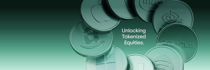 A promotional graphic featuring green-tinted coins with company logos (including Oracle) and the text 'Unlocking Tokenized Equities.'