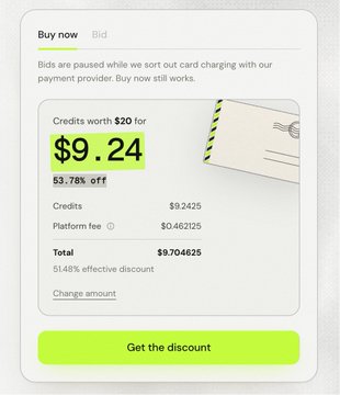 A digital payment interface displays a "Buy now" option offering $9.24 for credits worth $20, with a 53.78% discount applied and a final total of $9.704625. The image appears unrelated to the accompanying post about Mass's Build Week partnership and insider trading concerns.