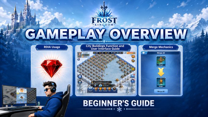 A 'Gameplay Overview' thumbnail for the game 'Frost Kingdom', featuring a streamer in the corner and highlighting RDIA Usage, City Buildings, and Merge Mechanics.
