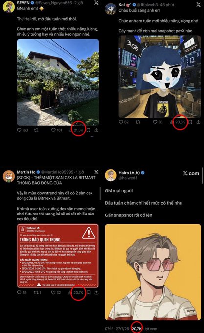 A screenshot of four X (Twitter) posts by users SEVEN, Kai, Martin Ho, and Hiro, each showing view counts highlighted in red circles ranging from approximately 20,000 to 21,300 views, supporting the post's observation that multiple accounts are consistently hitting around 20k views, suggesting coordinated view farming activity.
