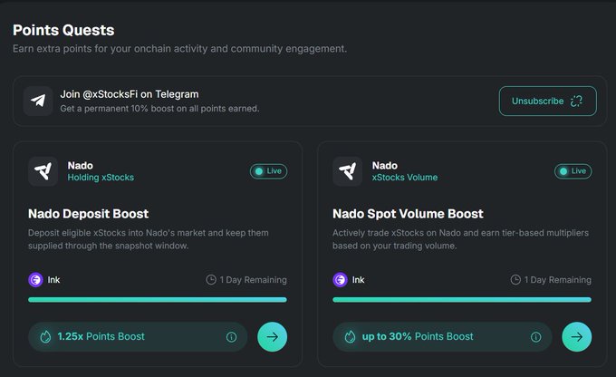 A 'Points Quests' interface from xStocksFi showing options to 'Join @xStocksFi on Telegram' for a 10% boost, along with two Nado quests: 'Nado Deposit Boost' offering 1.25x Points Boost, and 'Nado Spot Volume Boost' offering up to 30% Points Boost.