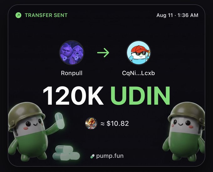 A pump.fun transfer notification shows Ronpull sending 120K UDIN (~$10.82) to CqNi...Lcxb on Aug 11 at 1:36 AM, illustrating one of the bagworker rewards mentioned in the recap of the day's CTO activities.