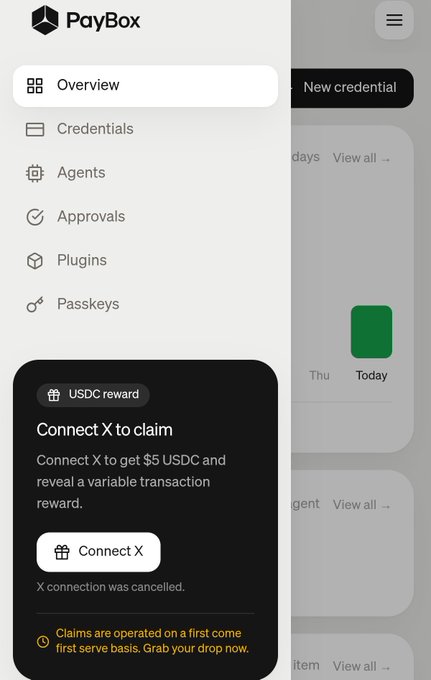 A screenshot of the PayBox app showing a menu and a USDC reward pop-up prompting users to 'Connect X to claim' $5 USDC.