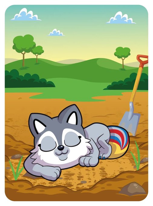 A cartoon illustration of a gray and white husky sleeping on a patch of dirt next to a red and blue striped ball, with a shovel and green hills in the background.