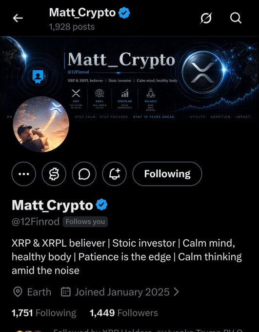 The image shows the X (Twitter) profile of "Matt_Crypto" (@12Finrod), who describes himself as an "XRP & XRPL believer | Stoic investor | Calm mind, healthy body" with 1,449 followers and 1,751 following. The profile aligns with the post's shoutout to Matt_Crypto as an "XRP OG" in the worldwide XRP HODL community, featuring the XRP logo prominently in his banner.