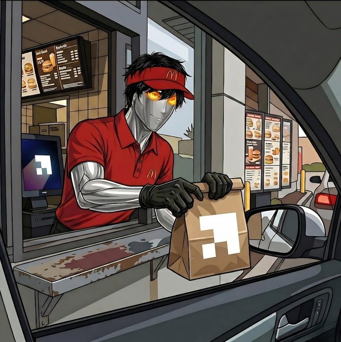 The image features a man wearing a red shirt, presumably working at a McDonald's drive-thru window. He has a bag of food in his hand, which appears to be a burger or sandwich. The background shows a car outside the window, indicating that he is likely on the move and delivering orders to customers. The post includes text such as "Stack @PatriotsSolana" and "Forever hold your McDonald's." This suggests that there might be an ongoing promotion or event related to McDonald's in the area where this image was taken.
