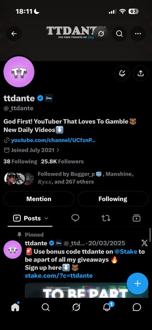 Twitter profile for 'ttdante' (@_ttdante), a YouTuber who loves to gamble, showing a pinned tweet promoting the use of bonus code 'ttdante' on Stake.com for giveaways.