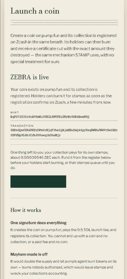 The image shows a webpage titled "Launch a coin" explaining how to create a coin on pump.fun with Zcash NFT collection registration, featuring an example token "ZEBRA" with mint address "EqFQ7Z23zcGcAV8wKu3UX2l6NUTRlZNyMr88E4BmwM8Q" and transaction hash, illustrating the new feature of linking token launches to Zcash NFT burns.