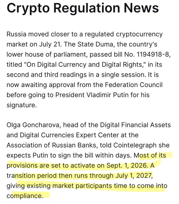 The image shows a "Crypto Regulation News" article reporting that Russia's State Duma passed bill No. 1194918-8 titled "On Digital Currency and Digital Rights" on July 21, with highlighted text indicating the bill's provisions will activate on September 1, 2026, followed by a transition period until July 1, 2027 for existing market participants to come into compliance.