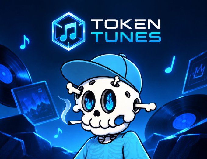 A cartoon graphic titled 'TOKEN TUNES' featuring a skeleton character with blue flame eyes wearing a blue cap, surrounded by vinyl records and music notes on a blue background.