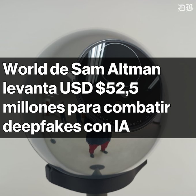 An image of a security camera lens serves as the background for a news headline that reads 'World de Sam Altman levanta USD $52,5 millones para combatir deepfakes con IA'.