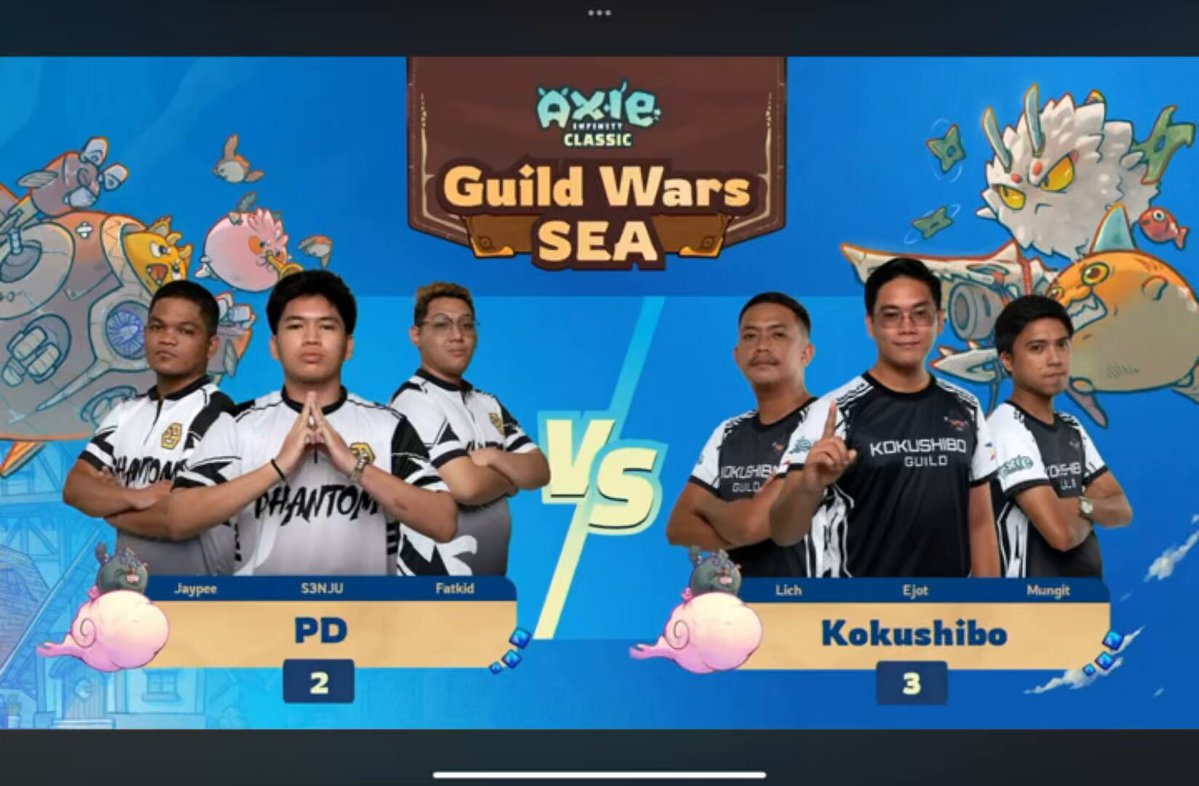 The image features a group of four men standing side by side against a blue background with cartoon characters on them, including a pink fish and a purple bird. The text "Guild Wars Sea" is displayed above the men's heads, indicating that they are participating in a Guild Wars Classic game. The post also mentions an Epic Battle between two teams from different teams, Axie Classic at its best.