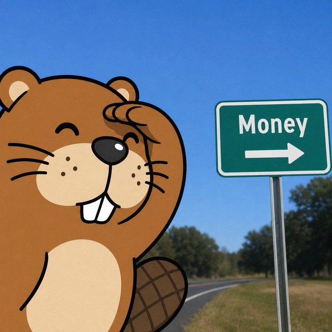 A cartoon beaver stands beside a road sign pointing right toward "Money," visually representing the post's joke about a beaver "hitting a billion" by doing its "dam business"—a playful nod to the crypto/meme culture of building wealth ("$Chonketha coded").