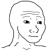 A simple black and white line drawing of a balding man's face, recognizable as the "Wojak" internet meme character.