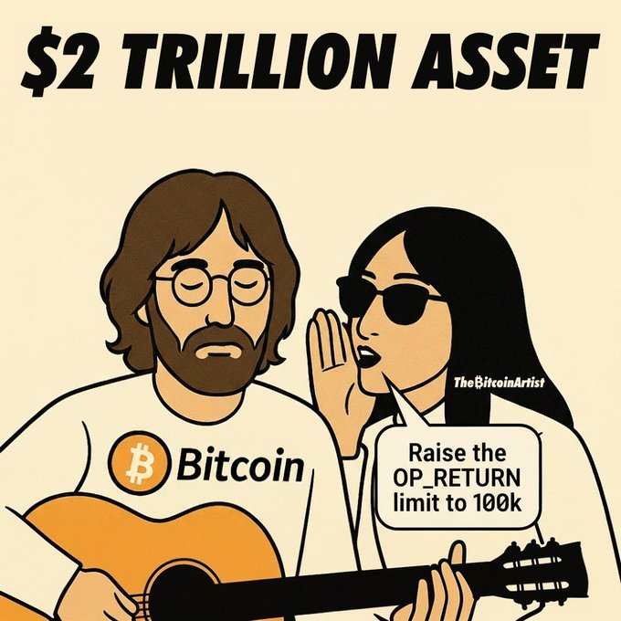 A cartoon illustration titled "$2 TRILLION ASSET" depicts a John Lennon lookalike in a Bitcoin shirt playing guitar while a sunglasses-wearing woman whispers "Raise the OP_RETURN limit to 100k" into his ear, referencing the post's hint about Bitcoin's market cap growth being driven by debates over expanding the OP_RETURN data limit in Bitcoin transactions.