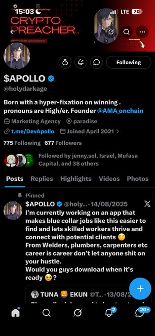 The image shows the X/Twitter profile of $APOLLO (@holydarkage), a self-described "Marketing Agency" in "paradise" with 677 followers, featuring a pinned post from 14/08/2025 about working on an app to help blue-collar workers find jobs. The caption relates to the post by noting that the user is interacting with @APOLLO's pinned content, likely promoting their wallet address (BakyXRTtW2cdivHrqoENQhSfaMjGLRgDudV8QSBGcKNf) for support or donations.