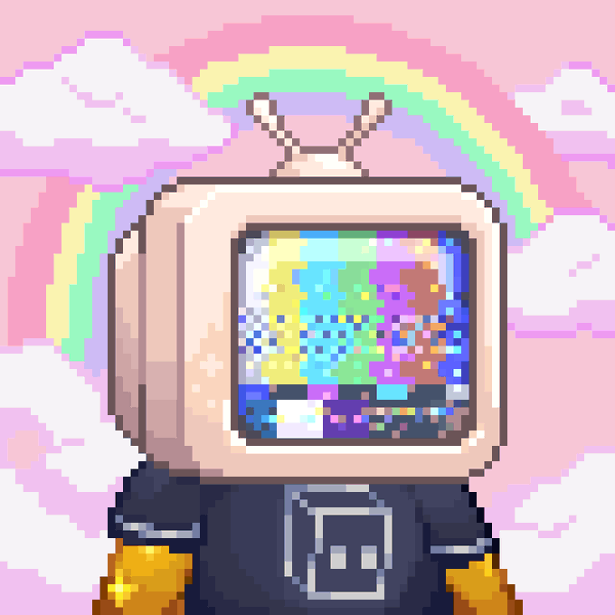 A pixel-art character in a retro CRT television head displays a colorful “WAGMI” meme screen against a pink sky and rainbow. The image appears to be a branded NFT-style “coded” visual referenced by the post “Dope tshirt @FunkariNft coded.”