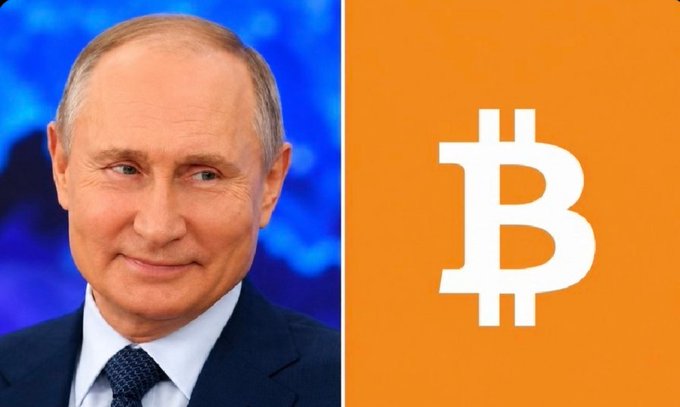 This split image shows Vladimir Putin on the left and the Bitcoin logo on an orange background on the right, visually representing Russia's potential move into regulated crypto trading.