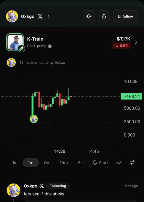 A mobile screenshot of a cryptocurrency tracking app showing a token called 'K-Train' at $7.17K, down 8.6%, being followed by user '0xkgc'.