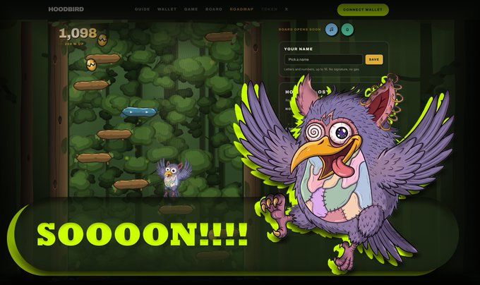 A promotional graphic for Hoodbirds displays the score "1,098" and "HIGH SCORE" in a forest-themed game scene, alongside a "BOARD SPRING 2026" leaderboard prompt and a large cartoon purple bird character, with bold green text announcing "SOOOON!!!!" — teasing an upcoming playable feature with farming elements.