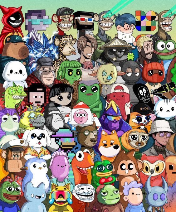 A colorful collage illustration features a dense crowd of cartoon characters, animals, and internet memes including Pepe the Frog, Doge, and various NFT-style avatars.