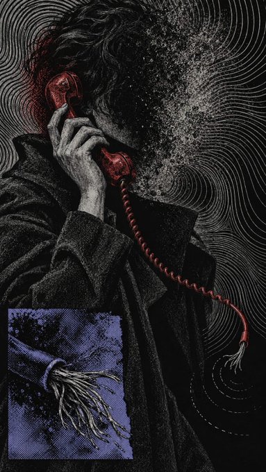 A dark, stylized illustration of a hooded figure with obscured features holding a red telephone receiver, with the cord unraveling and transitioning into a smaller inset of a tied bundle against a purple halftone background.