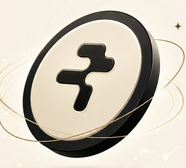 A 3D rendering shows a sleek black and cream-colored circular coin or logo featuring a stylized 'f' or cross shape, surrounded by golden orbital rings against a cream background.