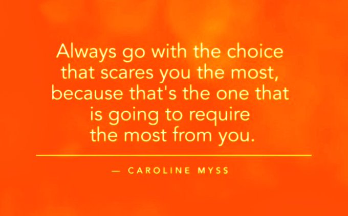 A motivational quote on an orange background reads, "Always go with the choice that scares you the most, because that's the one that is going to require the most from you," attributed to Caroline Myss, which fits the Saturday inspirational post for the $SHIB community.