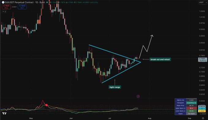 A daily SUI/USDT perpetual contract chart showing a symmetrical triangle pattern that has compressed for weeks, with price currently testing a "break out and retest" of the upper trendline near $0.7648, accompanied by an RSI indicator signaling "No Signal." The chart visually supports the post's thesis about weeks of price compression resolving into a potential bullish breakout toward higher levels.
