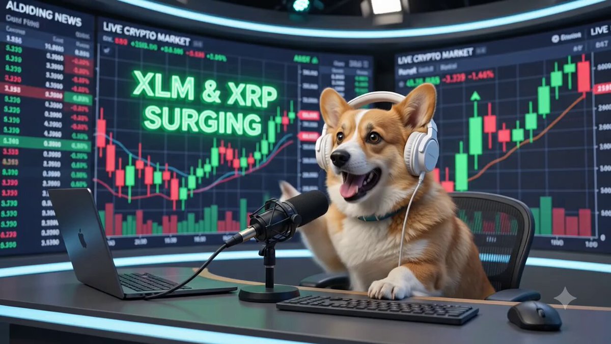 The image features a brown dog sitting at a desk with headphones, possibly listening to music or an audio recording. The dog appears to be wearing headphones as well. In front of the dog, there are two laptops - one placed on the desk and another located further away from the main scene. A microphone is also present in the background.

The image seems to be related to a post about cryptocurrency trading, with the dog possibly representing an animated character or mascot associated with the topic. The presence of multiple screens and devices suggests that this could be a newsroom or a podcast studio where discussions on crypto markets are being held.