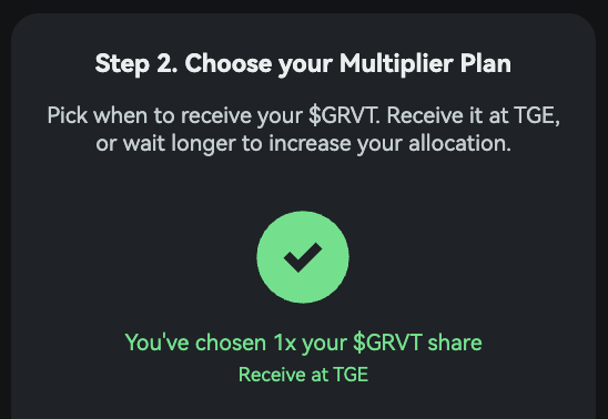 A confirmation screen showing the user's selection of "Step 2. Choose your Multiplier Plan" for the GRVT airdrop, displaying a green checkmark with the message "You've chosen 1x your $GRVT share — Receive at TGE," visually confirming the TGE (1X) claim option from the three available choices.