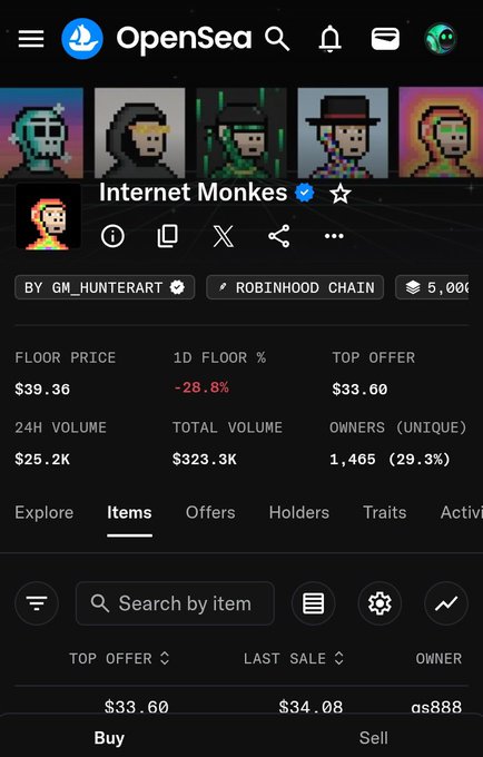 A screenshot of the OpenSea app showing the 'Internet Monkes' NFT collection, with a floor price of $39.36 and 24H volume of $25.2K.