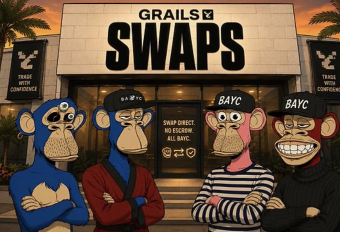 A storefront sign reading 'GRAILS SWAPS' with 'SWAP DIRECT. NO ESCROW. ALL BAYC.' on the door, flanked by four Bored Ape Yacht Club NFT characters wearing 'BAYC' caps and 'TRADE WITH CONFIDENCE' banners.