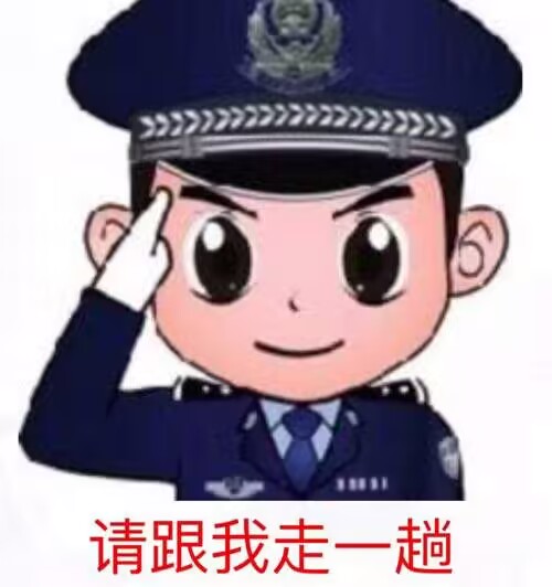A cartoon police officer character saluting with Chinese text '请跟我走一趟' (Please come with me) displayed at the bottom.