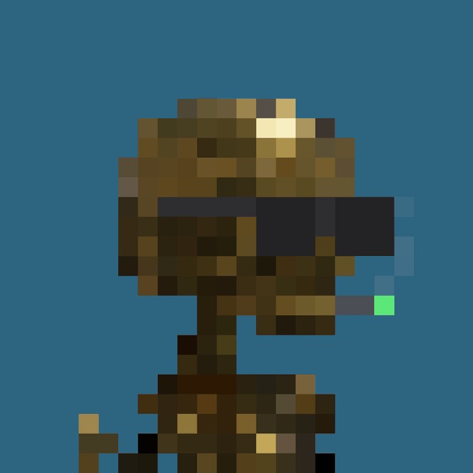 A pixelated brown astronaut figure with a dark visor is displayed against a solid blue background, with a small green pixel detail on the right side of its helmet. The image depicts the digital "Argonaut #2032" NFT character that sold for 5.2 ETH to the buyer with wallet address starting 0x0641...ea30.
