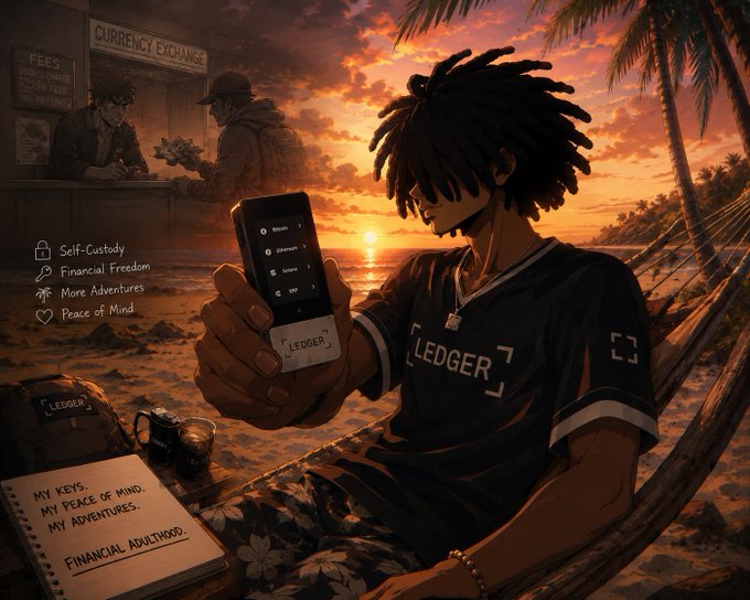Anime-style illustration of a person on a beach hammock holding a Ledger device, with text listing benefits like 'Self-Custody', 'Financial Freedom', 'More Adventures', and 'Peace of Mind', along with a notebook labeled 'FINANCIAL ADULTHOOD'.