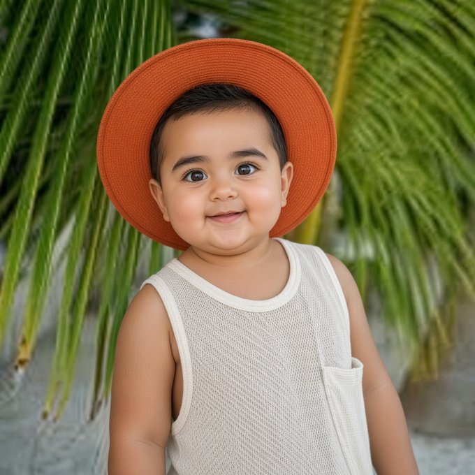 A smiling baby wearing an orange brimmed sun hat and a cream-colored tank top poses for a portrait against a backdrop of green palm leaves.