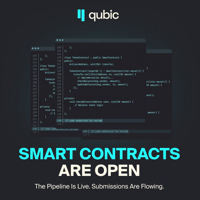 The image features the Qubic logo above overlapping code editor windows displaying a C++ smart contract (TokenContract) with syntax highlighting, captioned "SMART CONTRACTS ARE OPEN — The Pipeline Is Live. Submissions Are Flowing." This visually reinforces the post by showcasing actual contract code being submitted for review, illustrating that Qubic's smart contract submission pipeline is actively accepting and processing new code.