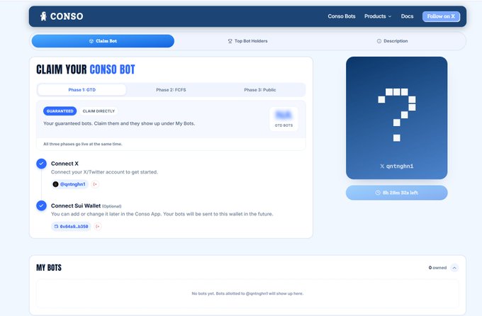 A Conso web app page displays a “CLAIM YOUR CONSO BOT” interface with connection steps for X/Twitter and a wallet, alongside a blue bot card and an empty “MY BOTS” section.