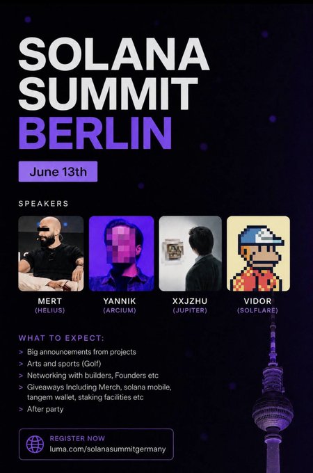 The image features a poster for a conference called "Solana Summit Berlin" that was held on June 13th, 2016. The poster includes four different photos of people sitting behind a tower with a city skyline in the background. There are also text elements on the poster such as the date and time of the event, speakers' names, and the title of the conference.