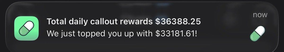 A push notification from PumpFun displays "Total daily callout rewards $36,388.25 — We just topped you up with $33,181.61!" This corresponds to the user's celebration of receiving $36,000 in daily callout rewards, contributing to over $100k weekly earnings from holding and supporting select coins on the platform.
