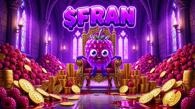 Vibrant purple castle scene featuring an anthropomorphic raspberry character sitting on a throne surrounded by gold coins and more raspberries, with the text '$FRAN' displayed prominently above.