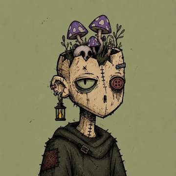 This image depicts a stylized, stitched character with a skull and mushrooms sprouting from its head, a lantern earring, and a green background. It appears to be an avatar or mascot relating to the winners announced in the accompanying post, likely for a giveaway or contest.