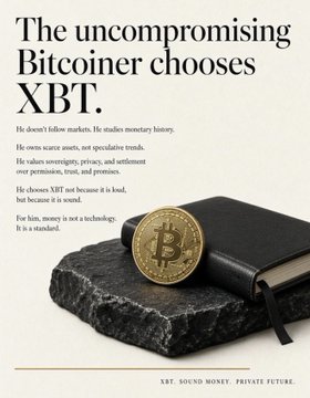 An advertisement for XBT Bitcoin featuring a physical Bitcoin coin resting on a black wallet and stone slab, with text reading 'The uncompromising Bitcoiner chooses XBT' and 'XBT. Sound money. Private future.'
