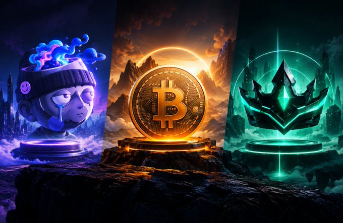 A triptych digital artwork featuring three crypto-themed elements: a blue character with a bubble helmet on the left, a glowing golden Bitcoin coin in the center, and a green crystalline Ethereum symbol on the right.
