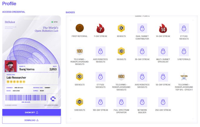 A profile page screenshot for 'Suraj Verma' working as a Lab Researcher at BitRobot, displaying an access credential card and a grid of achievement badges with values like '50 BOLTS', '100 BOLTS', and various streaks.