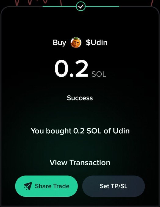 A crypto trading app displays a successful purchase of 0.2 SOL of $Udin, complete with "Share Trade" and "Set TP/SL" buttons. The post's promise of free airdrops is a common social engineering tactic to lure users into sharing wallet access, which could compromise the gains shown here.