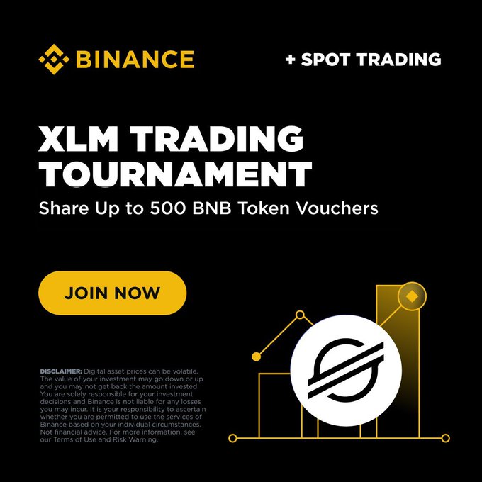 A Binance promotional graphic for an XLM (Stellar) Spot Trading Tournament, featuring the Binance logo, a "JOIN NOW" button, and the XLM Stellar symbol overlaid on a chart graphic. The ad invites users to trade Stellar (XLM) and share in up to 500 BNB token vouchers, matching the post's announcement of the new trading competition.