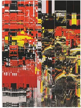 An abstract artwork composed of red, black, yellow, and white fragmented rectangular patterns.